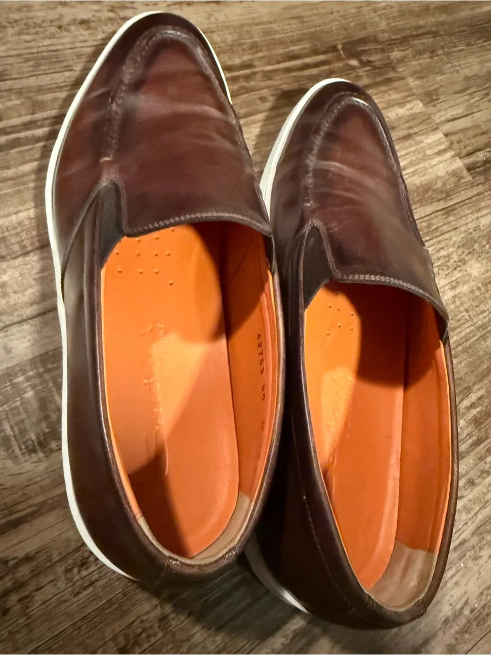 Men's Santoni Brown Leather Slip-On Loafers white sole